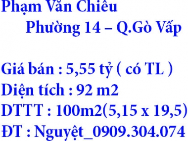 Chính chủ cần bán căn nhà Đường Phạm Văn Chiêu – Phường 14 – TP HCM